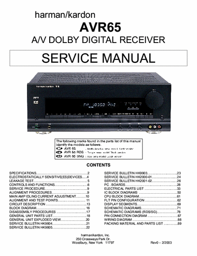 harman kardon AVR 65 Service Manual